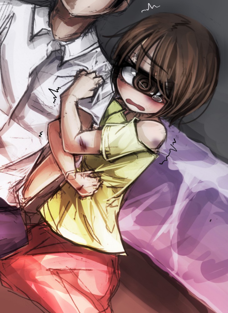 1boy 1girl arm_hug bare_shoulders brown_eyes brown_hair bruise cyclops faceless faceless_male hitomebore injury one-eyed open_mouth ray-k ringed_eyes scared scratches shirt short_hair sitting sketch tears trembling usui_sachi white_shirt
