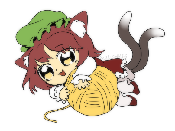 1girl :3 animal_ear_fluff animal_ears artist_name bloomers brown_hair cat_ears cat_tail chen chibi dress frilled_dress frilled_sleeves frills full_body green_hat grey_tail hat long_sleeves lying mob_cap multiple_tails on_side red_dress red_footwear retro_artstyle short_hair simple_background skullchimes solo tail tail_raised touhou twitter_username two_tails underwear white_background white_bloomers white_legwear white_sleeves wool yarn yarn_ball yellow_eyes