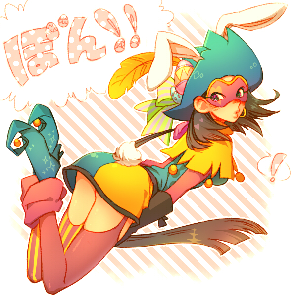 ! 1girl animal_ears black_hair blue_hat clopin earrings egg_hair_ornament eye_mask food-themed_hair_ornament full_body garter_straps genderswap genderswap_(mtf) gypsy hair_ornament hat jester_costume jewelry kiri_futoshi pointy_footwear rabbit_ears rabbit_tail single_earring solo speech_bubble spoken_exclamation_mark striped_background tail the_hunchback_of_notre_dame_(disney) thighhighs translation_request