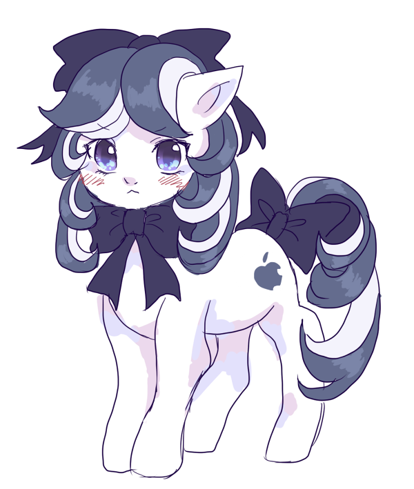 :&lt; animal animal_focus animalization apple_inc. black_bow blue_eyes blush bow bowtie commentary frown full_body grey_hair hair_bow long_hair looking_at_viewer multicolored_hair my_little_pony my_little_pony:_friendship_is_magic no_humans original pony_(animal) rifaa_(pixiv_376217) simple_background solo standing streaked_hair tail tail_bow tail_ornament white_background white_hair