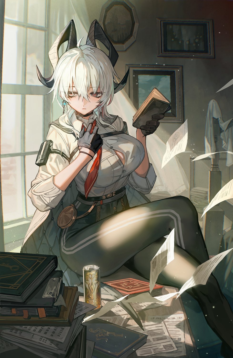 1girl adjusting_clothes adjusting_necktie arm_pouch black_choker black_eyes black_gloves black_horns black_pants black_pouch book book_stack breasts button_gap can chest_harness choker commentary commentary_request crossed_legs curled_horns desk drink_can earrings english_commentary gloves hair_between_eyes harness highres holding holding_book horns indoors jewelry key key_earrings key_necklace lack large_breasts looking_to_the_side mixed-language_commentary multicolored_eyes multicolored_hair necklace necktie on_desk pants paper red_eyes red_necktie shirt_tucked_in sitting solo streaked_hair two-tone_eyes window wuthering_waves zani_(wuthering_waves)