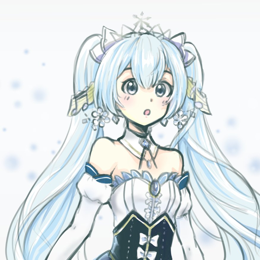 1girl amd_aoneko black_eyes blue_hair breasts detached_collar detached_sleeves double-parted_bangs hair_ornament hatsune_miku long_hair small_breasts solo strapless twintails vocaloid white_background yuki_miku yuki_miku_(2019)