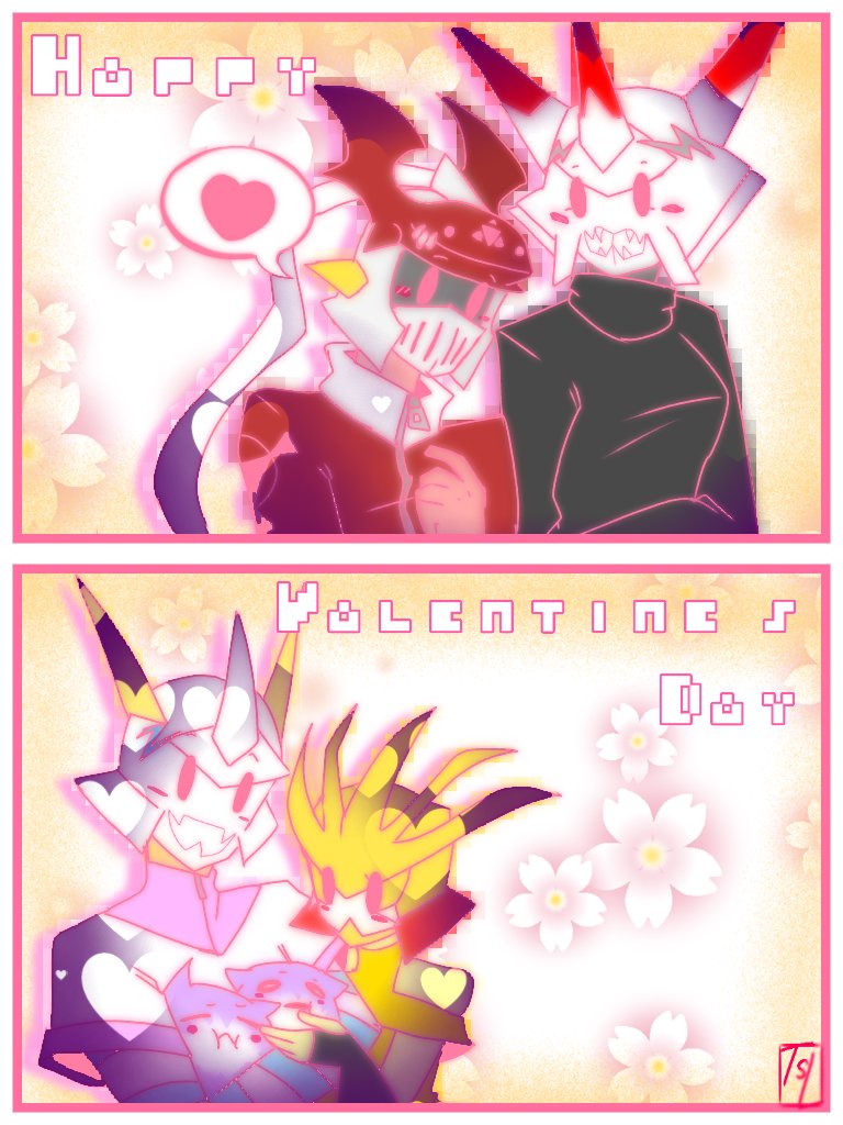 armor blush couple digimon digimon_(creature) dodomon dukemon grademon heart looking_at_another omegamon omegamon_alter-s valentine wings