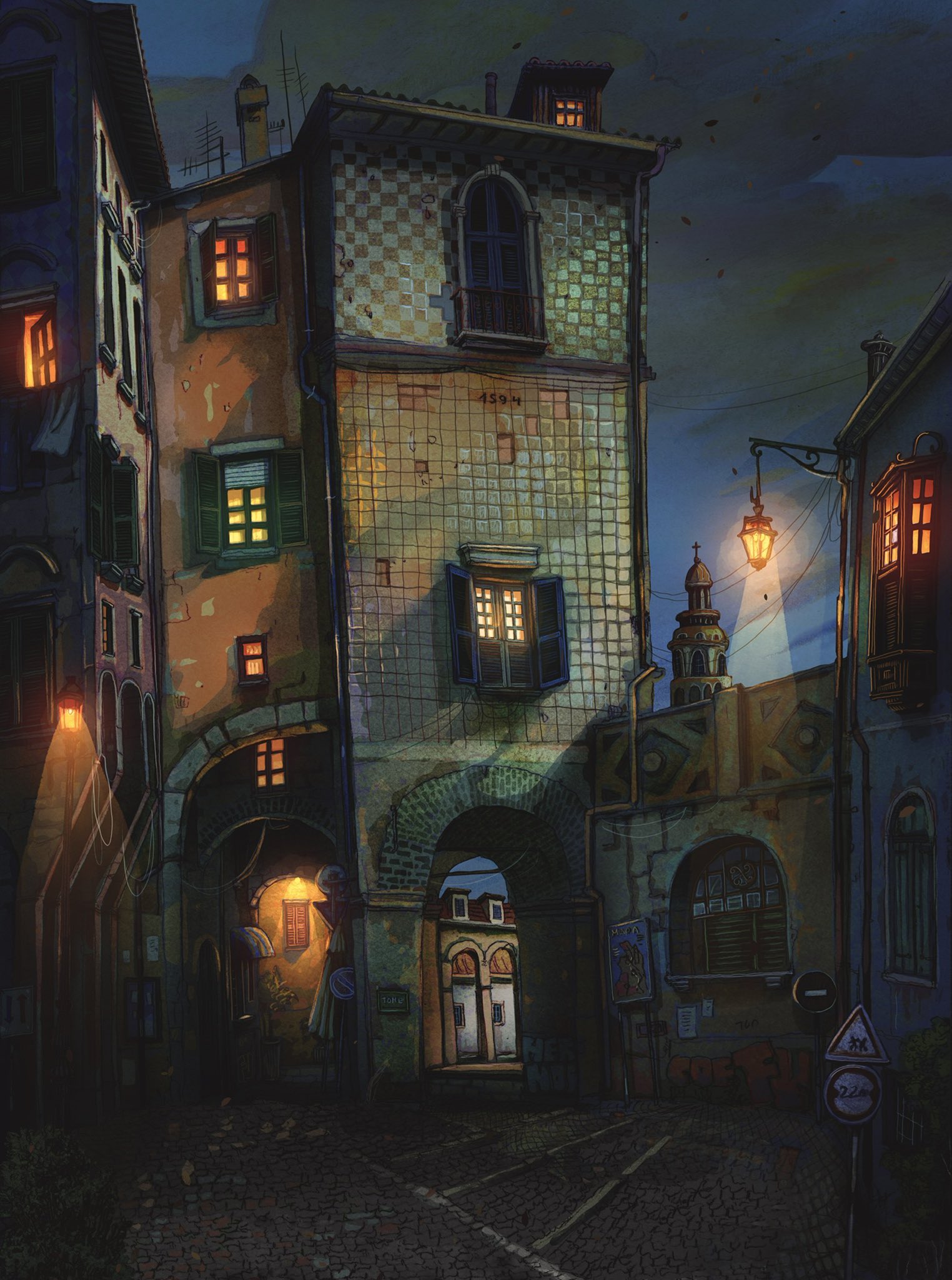 building cross drainpipe francisco_fonseca highres lamppost night no_humans open_window_shutter original radio_antenna road_sign sign urban window window_blinds window_light window_shutter