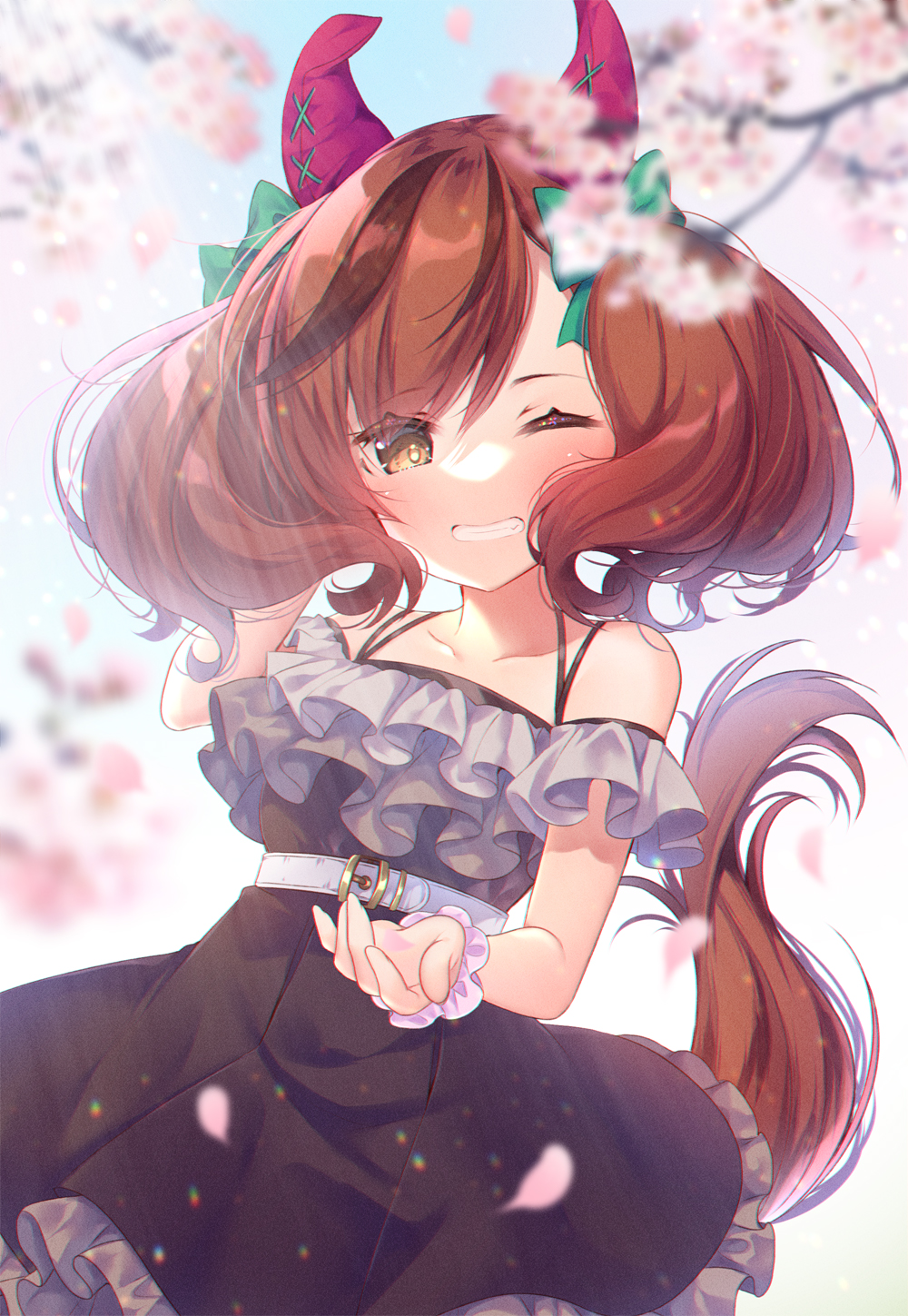 1girl animal_ears belt black_dress blush brown_eyes brown_hair cherry_blossoms collarbone commentary_request dress ear_covers frilled_dress frills grin highres horse_ears horse_girl horse_tail ko_yu medium_hair nice_nature_(umamusume) one_eye_closed petals red_hair smile solo tail twintails umamusume white_belt