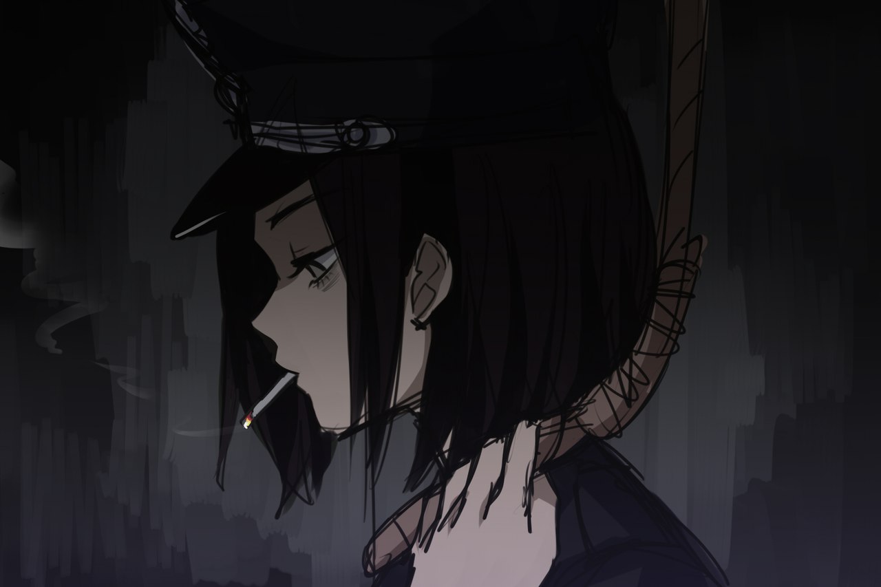 1girl black_hair black_jacket cigarette collar_tabs from_side germany grey_eyes hat holding holding_rope imminent_death imminent_suicide insignia jacket kill-chan looking_down military_dress_uniform military_jacket military_uniform narrowed_eyes nazi noose original peaked_cap rope rope_around_neck saki_(c_ybrbnby) sidelocks smoke smoking ss_uniform suicide waffen-ss world_war_ii