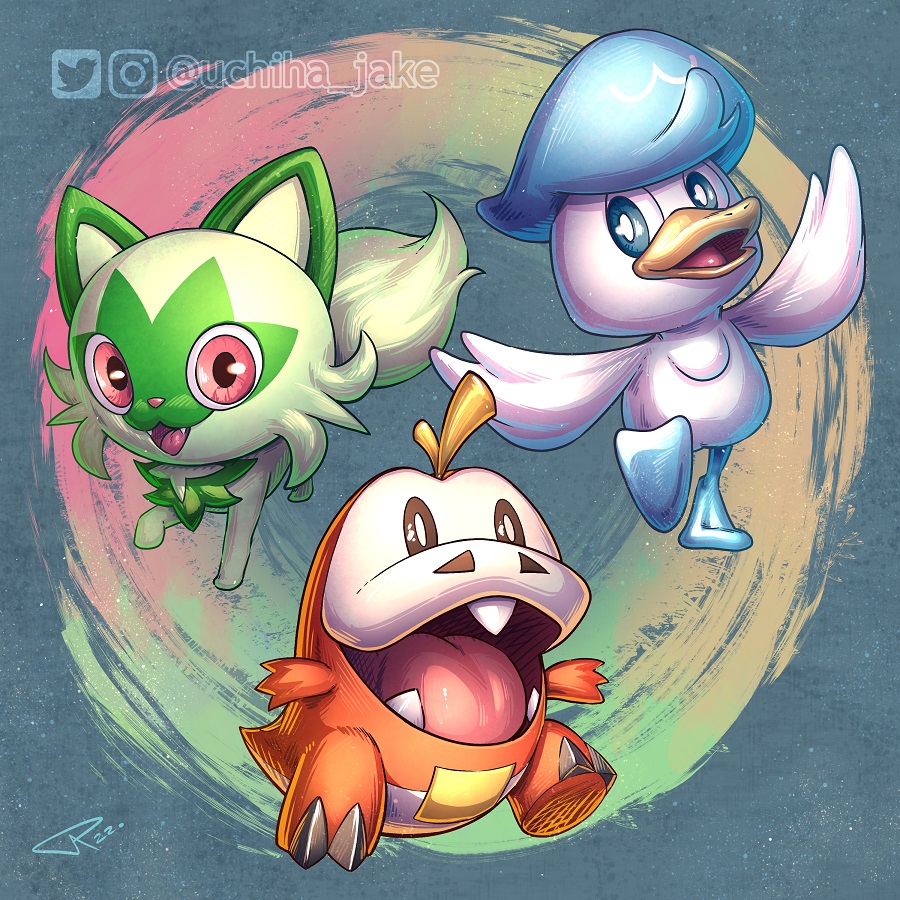 :3 animal_focus bird black_eyes blue_eyes bright_pupils cat fangs fuecoco full_body nintendo no_humans open_mouth pokemon pokemon_(creature) quaxly simple_background smile sprigatito standing starter_pokemon_trio uchiha_jake
