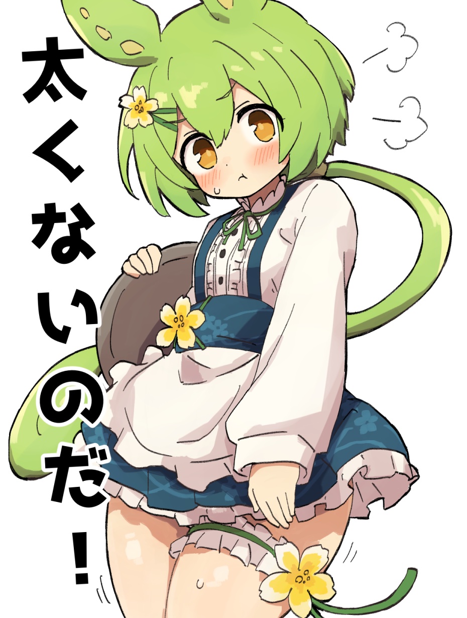 1girl animal_ears apron blush flower giga_rou green_hair green_ribbon hair_flower hair_ornament hairclip head_steam highres holding holding_tray looking_at_viewer pout ribbon solo steam sweatdrop thick_thighs thigh_strap thighs translation_request tray voicevox waist_apron waitress waitress_zundamon white_apron white_background yellow_eyes zundamon