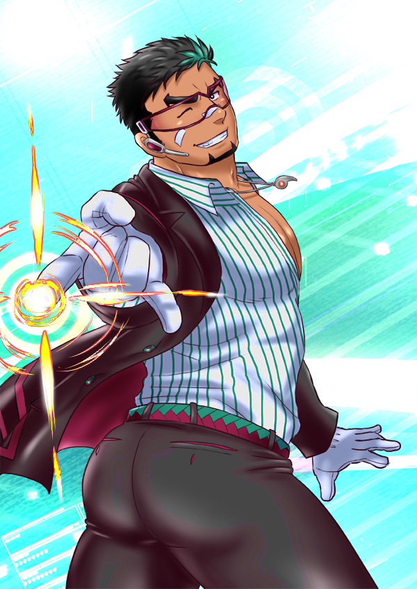 1boy ass bandaid bandaid_on_face bandaid_on_nose bara black_hair cowboy_shot dark-skinned_male dark_skin facial_hair formal_clothes from_behind goatee green_hair incoming_attack jewelry kyoichi_(active_agent)_(live_a_hero) kyoichi_(live_a_hero) large_pectorals live_a_hero magatama magatama_necklace male_focus muscular muscular_male necklace official_alternate_costume pants partially_unbuttoned pectoral_cleavage pectorals pikako182 short_hair sideburns solo thick_thighs thighs tight_clothes tight_pants