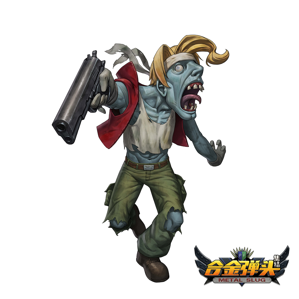 1boy black_footwear black_gloves chinese_commentary copyright_name empty_eyes full_body gloves green_pants gun holding holding_gun holding_weapon jacket lisong_shen male_focus marco_rossi marco_rossi_(zombie) metal_slug navel open_mouth pants red_jacket shirt simple_background teeth torn_clothes torn_pants torn_shirt weapon white_background white_shirt zombification