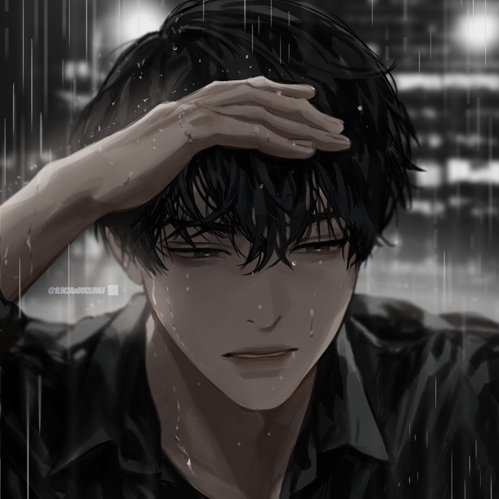 1boy aegyo_sal averting_eyes black_eyes black_hair black_shirt blackbox_(blackbox9158) collared_shirt dim_lighting double-parted_bangs hair_between_eyes hand_to_forehead kim_dokja light_particles limited_palette male_focus omniscient_reader&#039;s_viewpoint outdoors parted_lips portrait rain shirt short_hair solo