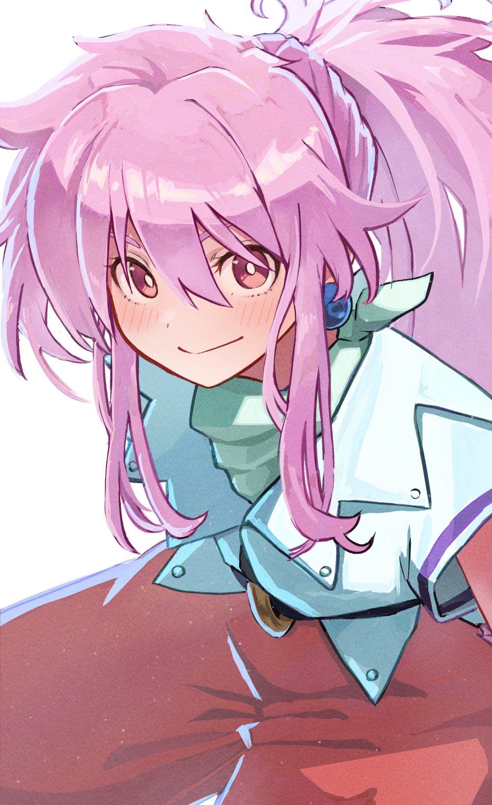 1girl arche_klein baggy_clothes baggy_pants earrings highres jewelry looking_at_viewer pants pink_eyes pink_hair pink_pants ponytail simple_background smile solo tales_of_(series) tales_of_phantasia toraneko white_background wide_ponytail