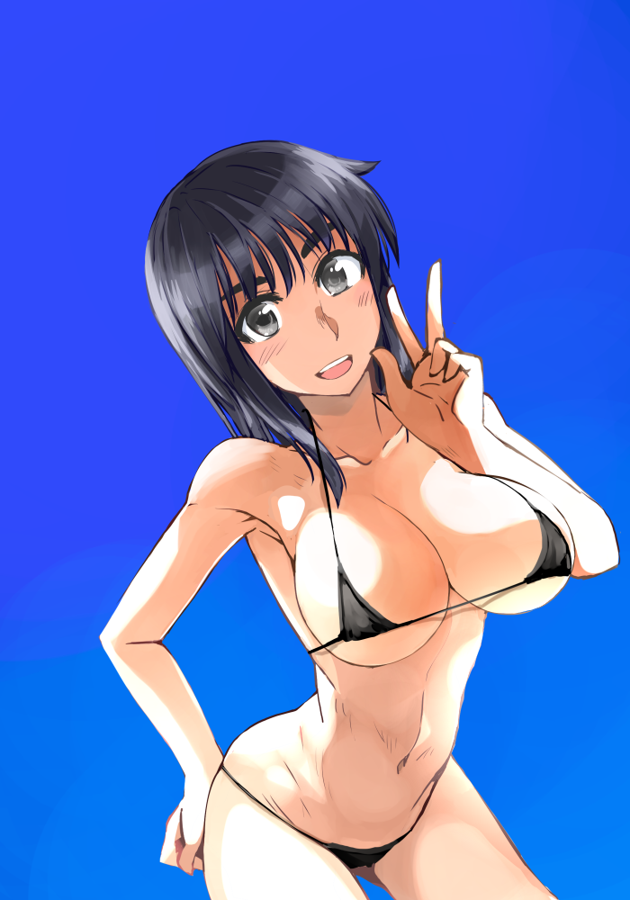 00s 1girl :d bikini black_eyes blue_hair blush breasts cleavage cosaten dutch_angle female_focus gluteal_fold gradient_background hand_on_own_ass large_breasts leaning_forward looking_at_viewer micro_bikini navel open_mouth school_rumble smile solo suou_mikoto_(school_rumble) swimsuit v