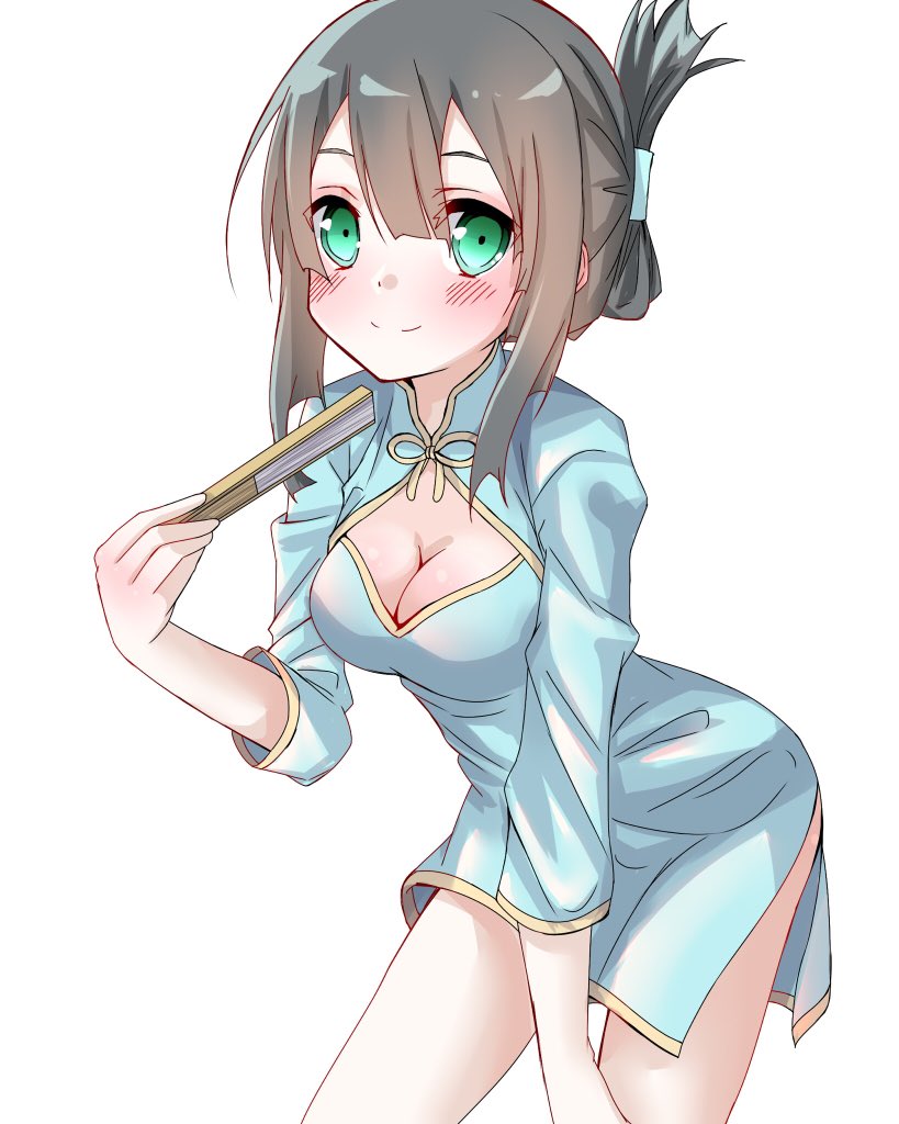 1girl blush breasts brown_hair china_dress chinese_clothes cleavage cleavage_cutout clothing_cutout dress female_focus green_eyes kawai_ritsu_(rits_meg) leaning_forward looking_at_viewer medium_breasts smile solo standing tougou_mimori wa_yuusha_de_aru washio_sumi washio_sumi_wa_yuusha_de_aru white_background yuusha_de_aru