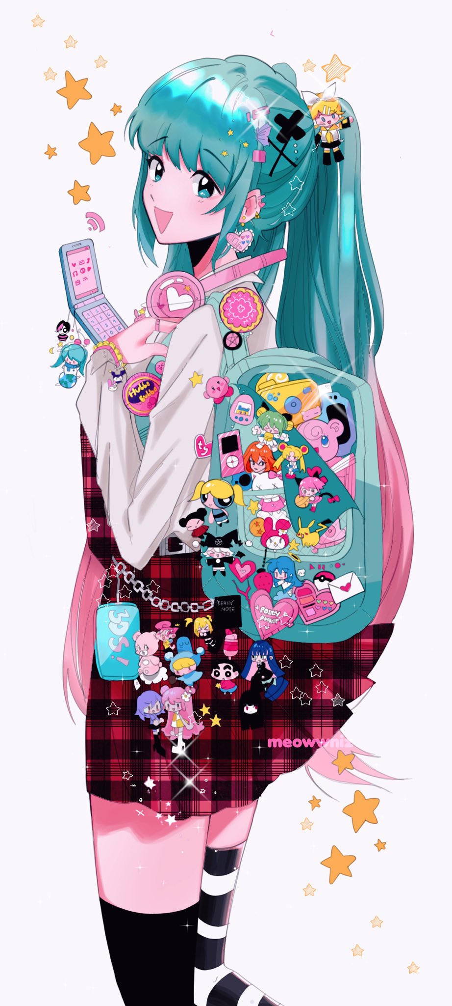 1girl alternate_costume amane_misa aqua_eyes aqua_hair beanie_babies bishoujo_senshi_sailor_moon blonde_hair bloom_(winx_club) bubbles_(ppg) care_bears cellphone character_doll character_request cheer_bear crayon_shin-chan crossover death_note death_note_(object) dejiko di_gi_charat doll dragon_ball_(object) gen_1_pokemon halo hatsune_miku heisei_retro hello_kitty hello_kitty_(character) hi_hi_puffy_amiyumi highres holding holding_poke_ball hubba_bubba izumi_konata kagamine_rin kirby kirby_(series) kuromi long_hair looking_at_viewer lucky_star mametchi mayura meowwniz mew_ichigo misaka_mikoto momomiya_ichigo my_melody nintendo onegai_my_melody oonuki_ami open_mouth panty_&amp;_stocking_with_garterbelt phone pikachu poke_ball pokemon polly_pocket powerpuff_girls pucca pucca_(cartoon) sanrio shirt skirt solo stocking_(psg) tamagotchi tamagotchi_(classic) tamagotchi_(virtual_pet) the_fairly_oddparents toaru_kagaku_no_railgun toaru_majutsu_no_index tokyo_mew_mew twintails ukagaka upper_body very_long_hair virtual_pet_(toy) vocaloid wanda_(fairly_oddparents) winx_club yoshimura_yumi