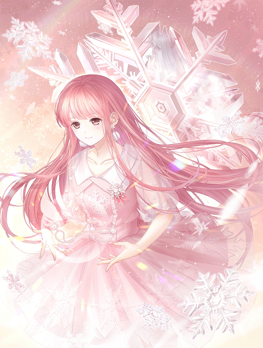 1girl artist_request bead_necklace beads blunt_bangs brooch brown_eyes closed_mouth collared_dress cropped_torso dress earrings floating_hair game_cg glowing gradient_background happy highres jewelry light_particles light_rays long_dress long_hair long_sleeves luster_of_snow_(miracle_nikki) miracle_nikki necklace nikki_(nikki) nikki_(series) object_floating_above_hand official_art pink_background pink_dress pink_hair pleated_dress pom_pom_(clothes) pom_pom_earrings puffy_long_sleeves puffy_sleeves rainbow smile snowflake_brooch snowflake_print snowflakes snowing solo third-party_source three-quarter_sleeves unworn_jewelry unworn_necklace very_long_hair