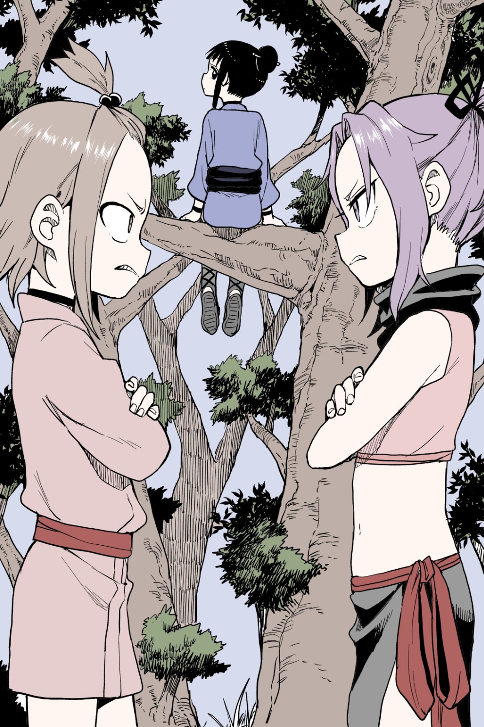 3girls beads black_hair brown_hair clenched_teeth crossed_arms eye_contact faceoff forehead hair_beads hair_bun hair_ornament hair_stick highres housenka_(kunoichi_tsubaki_no_mune_no_uchi) in_tree japanese_clothes kimono kunoichi_tsubaki_no_mune_no_uchi looking_at_another looking_back mokuren_(kunoichi_tsubaki_no_mune_no_uchi) multiple_girls nape navel ninja obi parted_bangs pink_kimono ponytail profile purple_hair red_sash sash sazanka_(kunoichi_tsubaki_no_mune_no_uchi) short_kimono sidelocks single_hair_bun sitting sitting_in_tree teeth tree v-shaped_eyebrows yamamoto_souichirou
