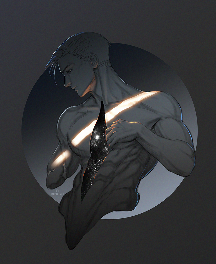 1boy artist_name cheekbones closed_mouth cropped_torso denoro grey_theme hollow_body looking_to_the_side male_focus monochrome nude original pectorals scar scar_on_arm short_hair sidelighting solo space toned toned_male