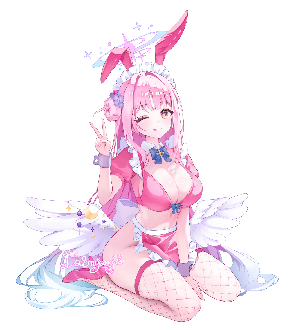 1girl alternate_costume animal_ears animal_hairband artist_name between_legs blue_archive breasts cleavage closed_mouth commentary_request dalmyang fake_animal_ears fishnet_thighhighs fishnets full_body hair_bun hairband halo hand_up high_heels kneeling looking_at_viewer maid_headdress mika_(blue_archive) one_eye_closed pink_hair pink_hairband pink_shoes rabbit_ears shoes single_hair_bun smile solo thighhighs tongue tongue_out v yellow_eyes