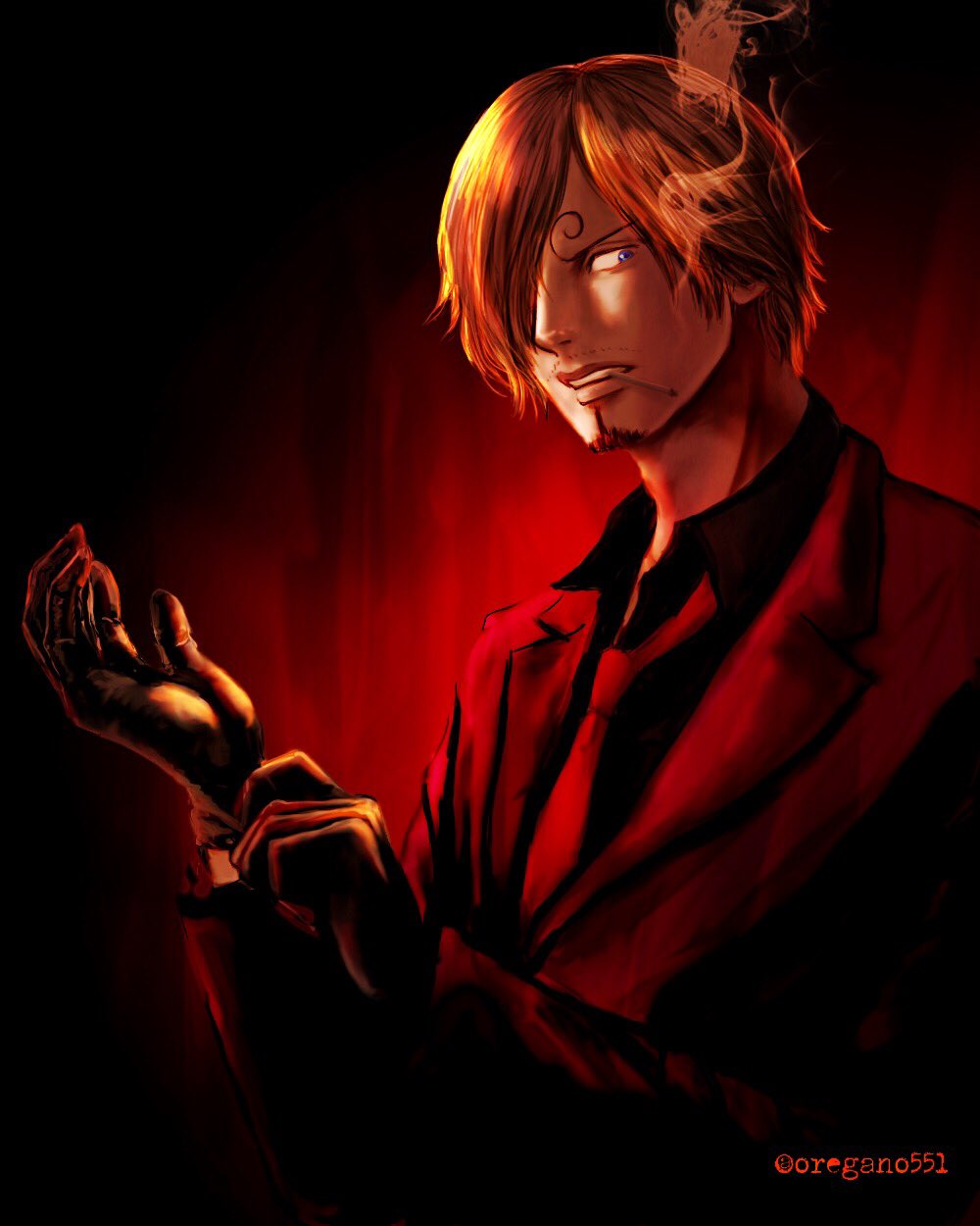 1boy adjusting_clothes adjusting_gloves artist_name blue_eyes cigarette commentary curly_eyebrows facial_hair formal_clothes gloves goatee hair_over_one_eye highres jacket looking_to_the_side male_focus mustache necktie one_piece oregano551 sanji_(one_piece) short_hair smoke solo suit upper_body