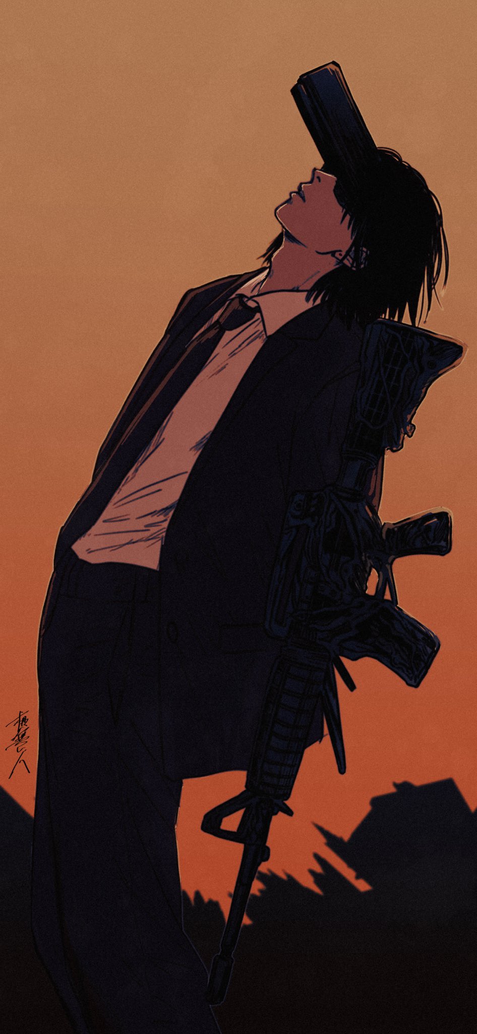 1boy assault_rifle black_hair black_jacket black_necktie black_pants chainsaw_man collared_shirt facing_up film_grain formal_clothes gun gun_devil_(chainsaw_man) handgun hayakawa_aki highres jacket necktie nenashibito pants rifle ruins shirt shirt_tucked_in short_hair signature solo suit suit_jacket weapon white_shirt