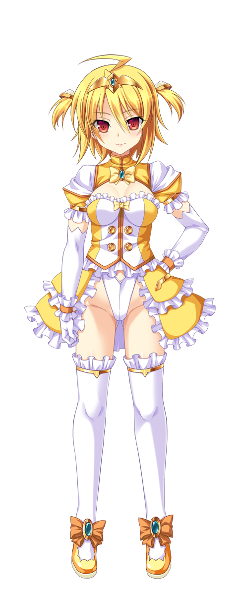 1girl ahoge amagi_nao aoi_masami arty_flare blonde_hair elbow_gloves gloves hair_ornament hand_on_own_hip highres non-web_source red_eyes short_hair showgirl_skirt shrug_(clothing) solo standing thighhighs ts_magical_girl_nao two_side_up white_gloves white_thighhighs