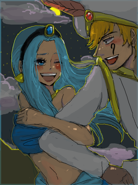 1boy 1girl aladdin_(character)_(cosplay) aladdin_(disney) aladdin_(movie) arabian_clothes blonde_hair blue_hair cloud cosplay disney earrings jasmine_(disney)_(cosplay) jewelry midriff mister_nine nefertari_vivi night night_sky one_eye_closed one_piece princess princess_jasmine_(cosplay) sky turban wink