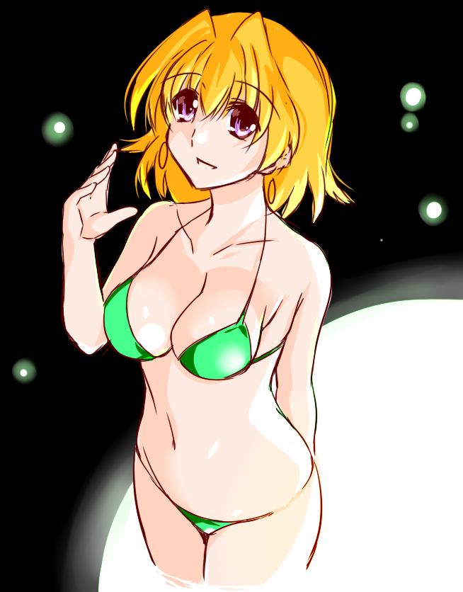 1girl arm_behind_back bare_arms bikini black_background blonde_hair breasts cleavage collarbone cowboy_shot engo_(aquawatery) green_bikini grin groin hair_between_eyes hair_intakes halterneck long_hair lowleg lowleg_bikini lyrical_nanoha mahou_shoujo_lyrical_nanoha medium_breasts navel purple_eyes shamal sideboob sketch smile solo standing straight_hair swimsuit wading