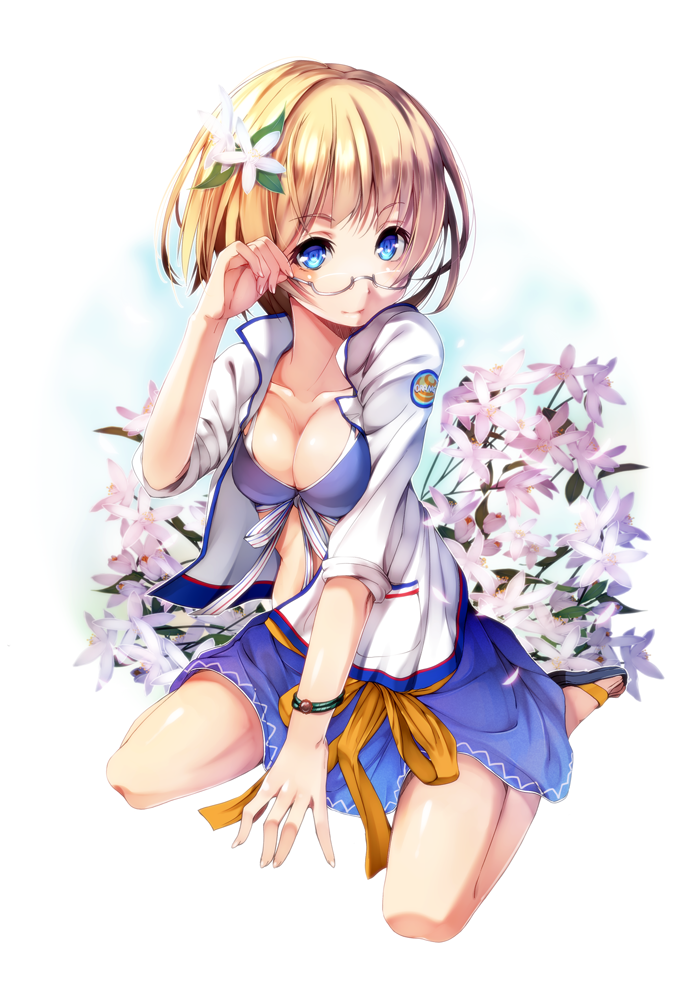 1girl adjusting_eyewear amayofuu bespectacled blonde_hair blue_eyes bra breasts female_focus flower france glasses hair_flower hair_ornament looking_at_viewer open_clothes open_shirt orangina original personification shirt short_hair sitting skirt smile solo underwear wariza