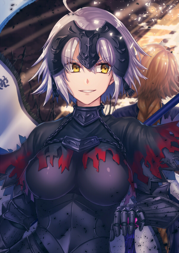 2girls ahoge armor armored_dress back-to-back bad_id bad_pixiv_id black_dress blonde_hair braid braided_ponytail breasts breasts_apart chain day dress fate/grand_order fate_(series) grin hair_between_eyes hand_on_hilt headpiece jeanne_d&#039;arc_(fate) jeanne_d&#039;arc_(ruler)_(fate) jeanne_d&#039;arc_alter_(avenger)_(fate) jeanne_d&#039;arc_alter_(fate) kamuinii large_breasts long_hair looking_to_the_side multiple_girls outdoors short_hair silver_hair single_braid smile solo_focus very_long_hair yellow_eyes