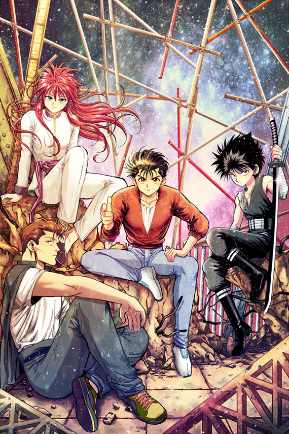 4boys bandages black_hair brown_hair hiei jungyun99 katana kurama_(yu_yu_hakusho) kuwabara_kazuma long_hair male_focus multiple_boys red_hair short_hair sword urameshi_yuusuke weapon yuu_yuu_hakusho