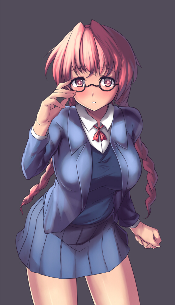 1girl breasts di_gi_charat female_focus glasses long_hair looking_at_viewer red_eyes red_hair saiste simple_background skirt solo usada_hikaru