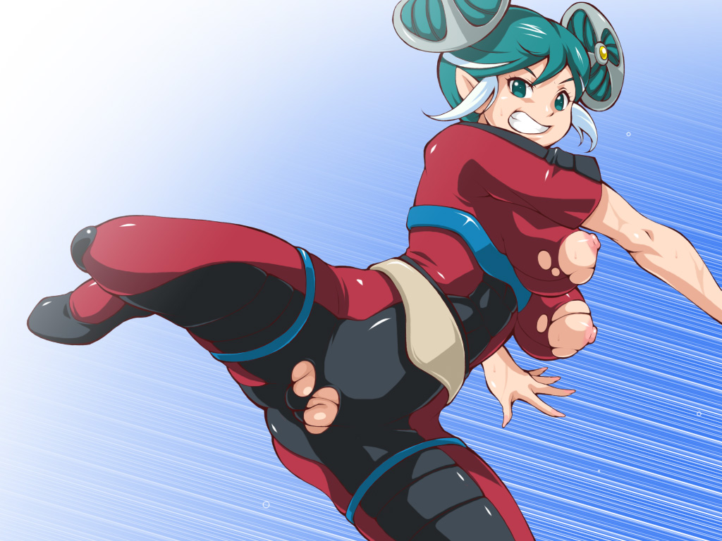 1girl breasts cleft_of_venus female_focus green_eyes green_hair inazuma_eleven inazuma_eleven_(series) large_breasts matching_hair/eyes merry_program pussy solo sumeragi_maki teeth uncensored