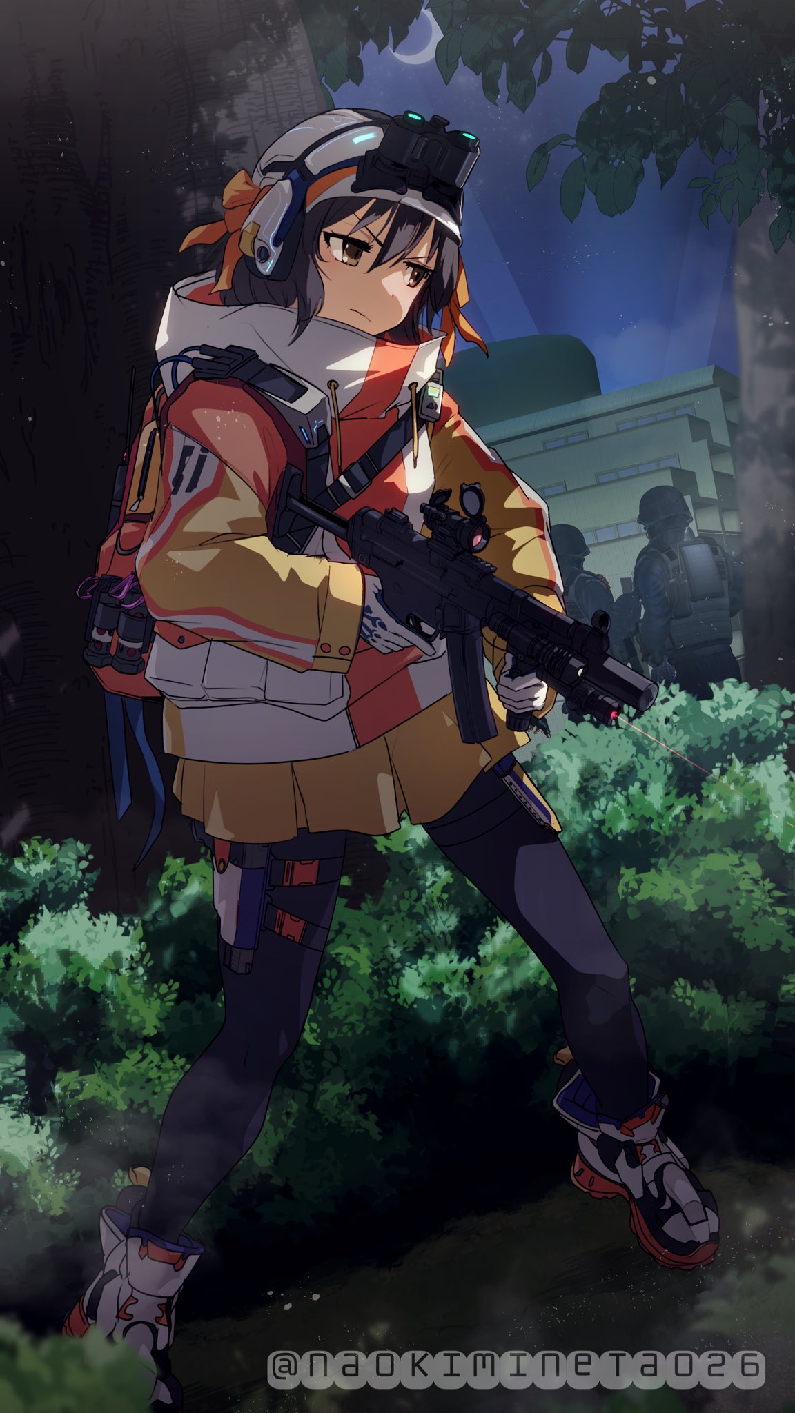 1girl 2others alternate_costume artist_name assault_gun backpack bag black_pants brown_eyes brown_hair building bush coat commentary_request commission full_body gloves gun handgun helmet highres holding holding_gun holding_weapon holster laser laser_pointer_projection laser_sight long_sleeves medium_hair mineta_naoki multicolored_coat multiple_others night_vision_device outdoors pants scope shoes skeb_commission sneakers solo_focus standing suzumiya_haruhi suzumiya_haruhi_no_yuuutsu thigh_holster tree twitter_username watermark weapon white_footwear white_gloves white_headwear