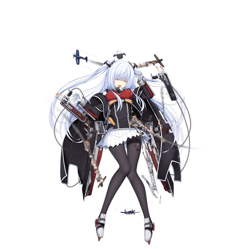 1girl :o aircraft airplane bald_eagle bell_mccamp_(warship_girls_r) bird black_pantyhose cape chain closed_eyes damaged eagle essex_(warship_girls_r) f6f_hellcat female_focus firing flight_deck full_body gloves hair_ornament haluka_(aixioo) long_hair long_legs machinery miniskirt official_art pantyhose pleated_skirt scabbard sheath silver_hair skirt solo tbf_avenger transparent_background twintails warship_girls_r white_gloves white_skirt