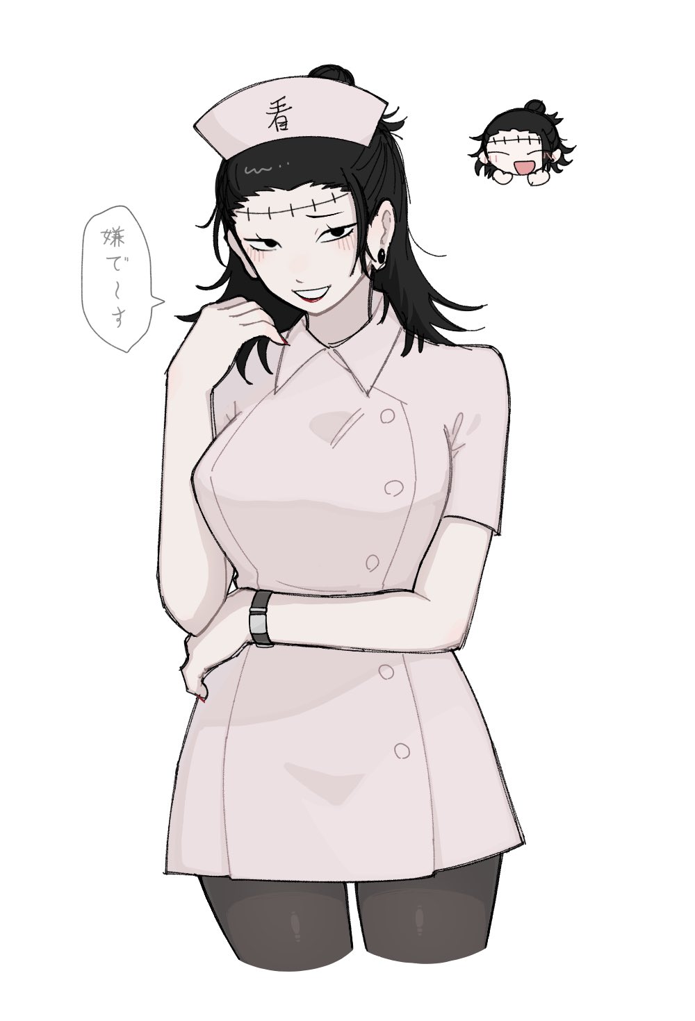 1girl black_lips black_pantyhose breasts charinkodesu chibi chibi_inset commentary_request cropped_legs dress earrings genderswap genderswap_(mtf) getou_suguru getou_suguru_(kenjaku) hat highres jewelry jujutsu_kaisen kenjaku large_breasts nurse nurse_cap pantyhose scar scar_on_face scar_on_forehead short_dress solo translation_request white_dress