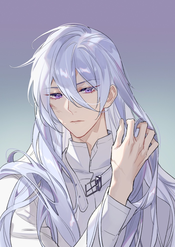 1boy buckle cael_anselm cael_anselm_(spirit_world) chinese_commentary closed_mouth gradient_background hair_between_eyes hand_in_own_hair hand_up jacket long_bangs long_hair long_sleeves looking_at_viewer lovebrush_chronicles male_focus psd_(psdgai) purple_background purple_eyes scratches simple_background solo upper_body white_hair white_jacket