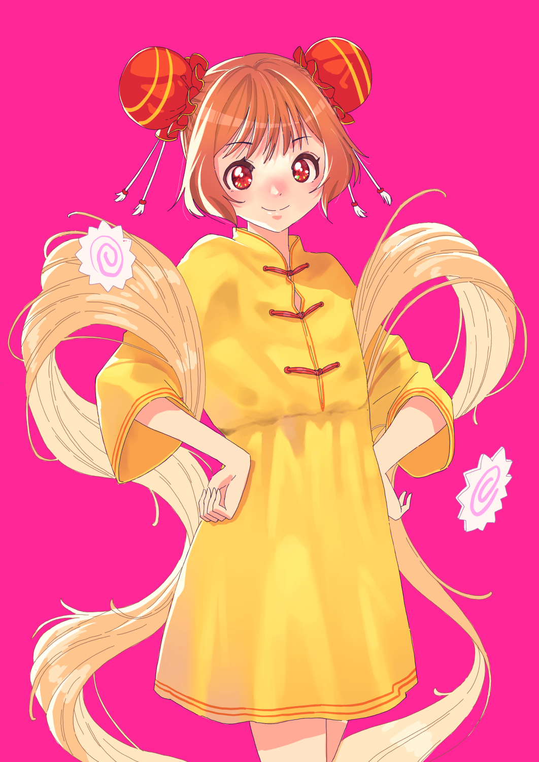 1girl alternate_hairstyle brown_hair bun_cover casual chinese_clothes closed_mouth commentary cowboy_shot delicious_party_precure double_bun dress food hair_bun hair_up hanamichi_ran hands_on_own_hips highres jj_(ssspulse) kamaboko long_sleeves looking_at_viewer medium_dress narutomaki noodles pink_background precure red_eyes short_hair simple_background smile solo standing yellow_dress