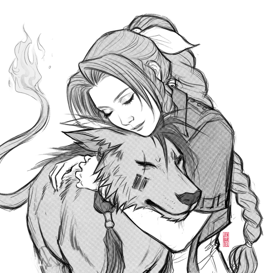 1boy 1girl aerith_gainsborough animal animal_ear_piercing braid braided_ponytail closed_eyes closed_mouth commentary cropped_jacket english_commentary final_fantasy final_fantasy_vii flame-tipped_tail hair_ribbon hug jen_bartel monochrome parted_bangs red_xiii ribbon screentones sidelocks simple_background sketch upper_body white_background