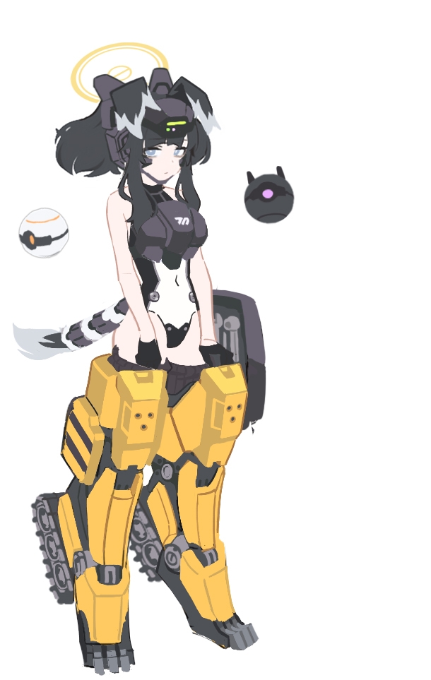 1girl alternate_costume animal_ears armor black_hair blue_archive breastplate concept_art dog_ears dog_tail drone halo headgear hibiki_(blue_archive) leotard long_hair machinery mecha_musume mechanical_legs mimitoke robot simple_background solo tail white_background