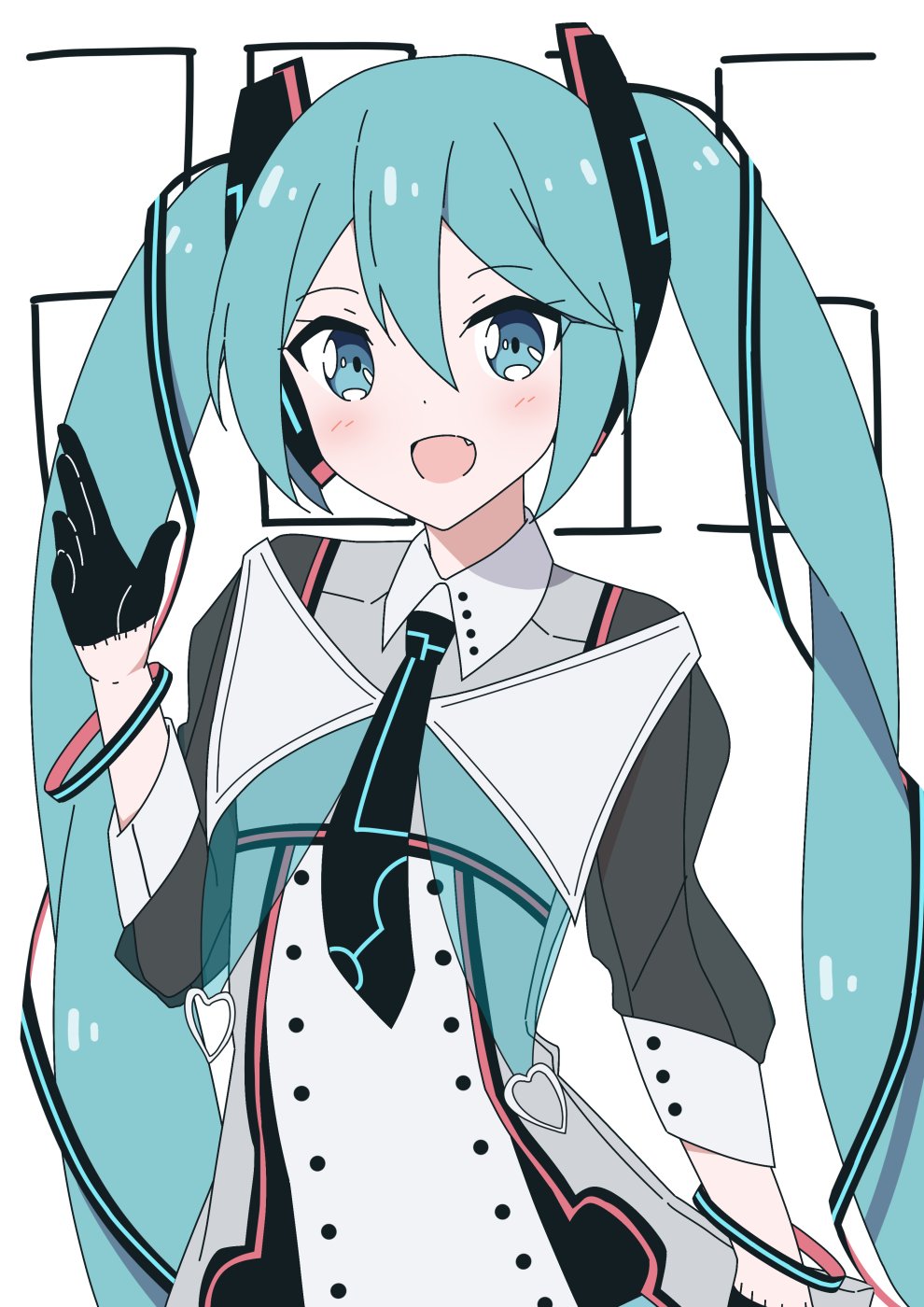 1girl 2015 aqua_eyes aqua_hair black_necktie bracelet commentary dress fang giryu gloves hair_ornament half_gloves hand_up hatsune_miku heart highres jewelry light_blush long_hair looking_at_viewer magical_mirai_(vocaloid) magical_mirai_miku magical_mirai_miku_(2015) necktie open_mouth smile solo twintails very_long_hair vocaloid waving white_background white_dress