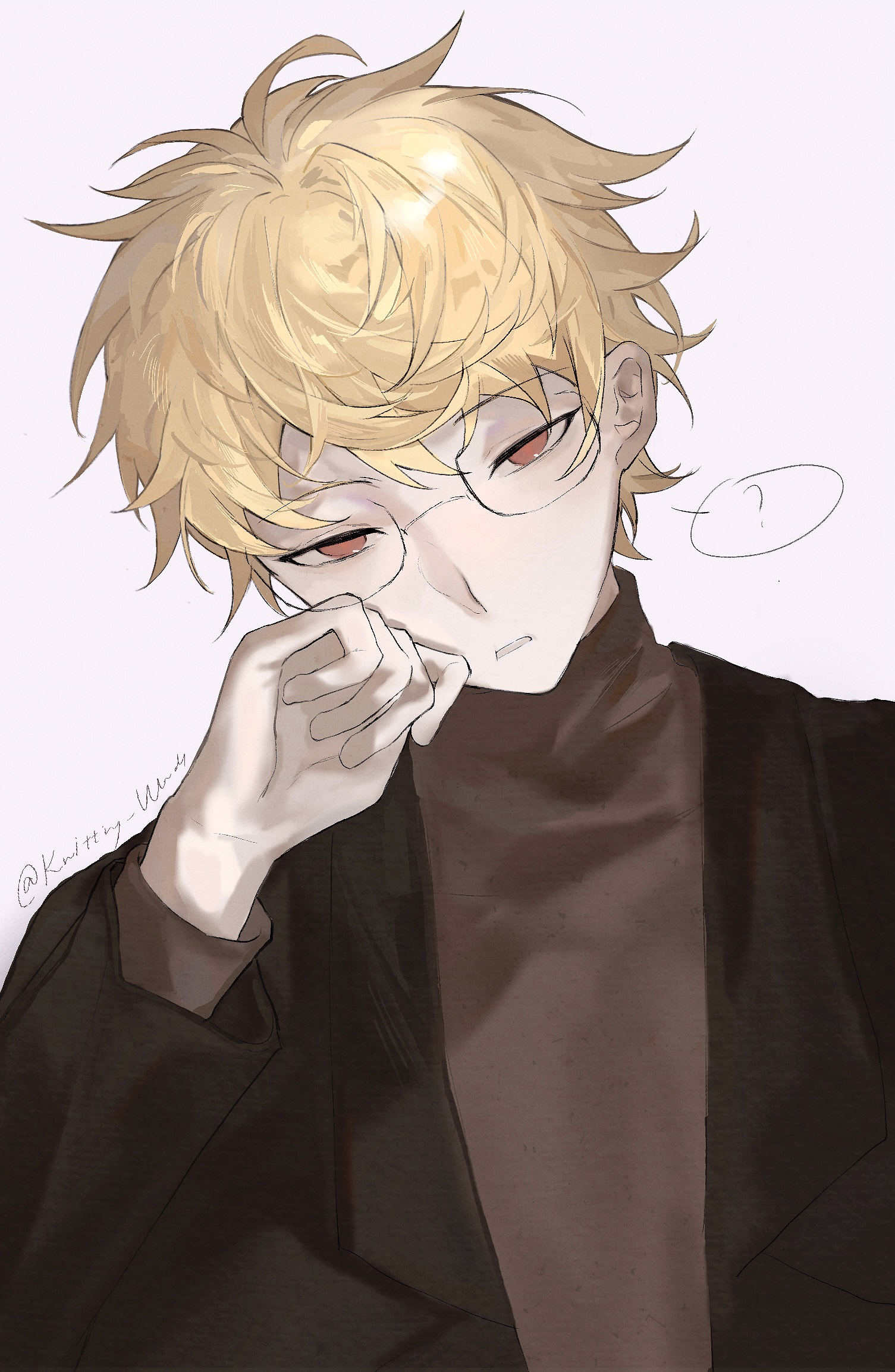 1boy ? atou_haruki black_jacket blonde_hair brown_sweater chinese_commentary commentary_request film_grain glasses hand_on_own_cheek hand_on_own_face head_tilt highres jacket long_sleeves looking_at_viewer male_focus open_clothes open_jacket red_eyes saibou_shinkyoku short_hair simple_background solo spoken_question_mark sweater turtleneck turtleneck_sweater upper_body white_background zhiyanpianyu55126