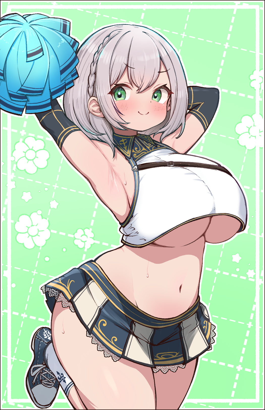1girl adapted_costume armpits arms_up blush braid breasts cheerleader commentary_request french_braid green_background green_eyes grey_hair highres hololive kani_bonara large_breasts looking_at_viewer microskirt navel pleated_skirt pom_pom_(cheerleading) shirogane_noel shirogane_noel_(1st_costume) short_hair skirt smile solo stomach underboob virtual_youtuber