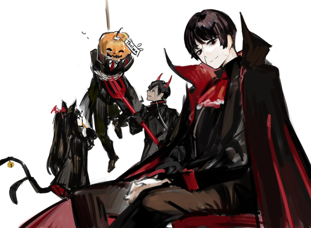 2boys 2girls animal_ears black_cape black_eyes black_hair black_jacket black_pants bound bound_arms cape cat_ears cat_tail closed_mouth jacket library_of_ruina long_hair looking_at_viewer multiple_boys multiple_girls nekomata nishikujic pants polearm project_moon pumpkin_on_head red_skirt shi_association_south_uniform short_hair skirt smile tail tenma_(project_moon) thelma_(project_moon) trident valentin_(project_moon) vampire_costume very_long_hair weapon yujin_(project_moon)