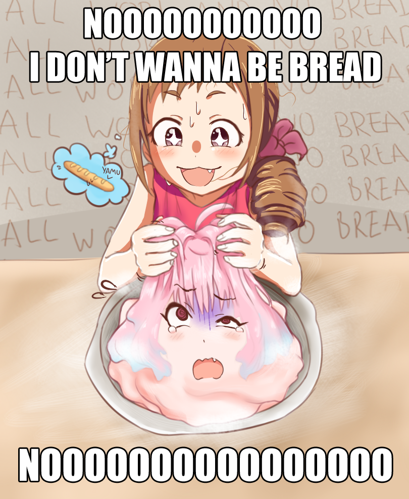 +_+ 2girls :3 @_@ ahoge blush bread brown_background brown_eyes brown_hair drill_hair english_text fang flying_sweatdrops food hair_intakes hair_ornament i_don&#039;t_want_to_be_bread_(meme) idolmaster idolmaster_cinderella_girls image_macro_(meme) imagining meme multicolored_hair multiple_girls objectification ohara_michiru open_mouth pain pink_eyes pink_hair ponytail psycho_orb red_shirt scrunchie shirt side_drill sleeveless sleeveless_shirt speech_bubble sweat symbol-shaped_pupils tears text_background thought_bubble transformation what yumemi_riamu