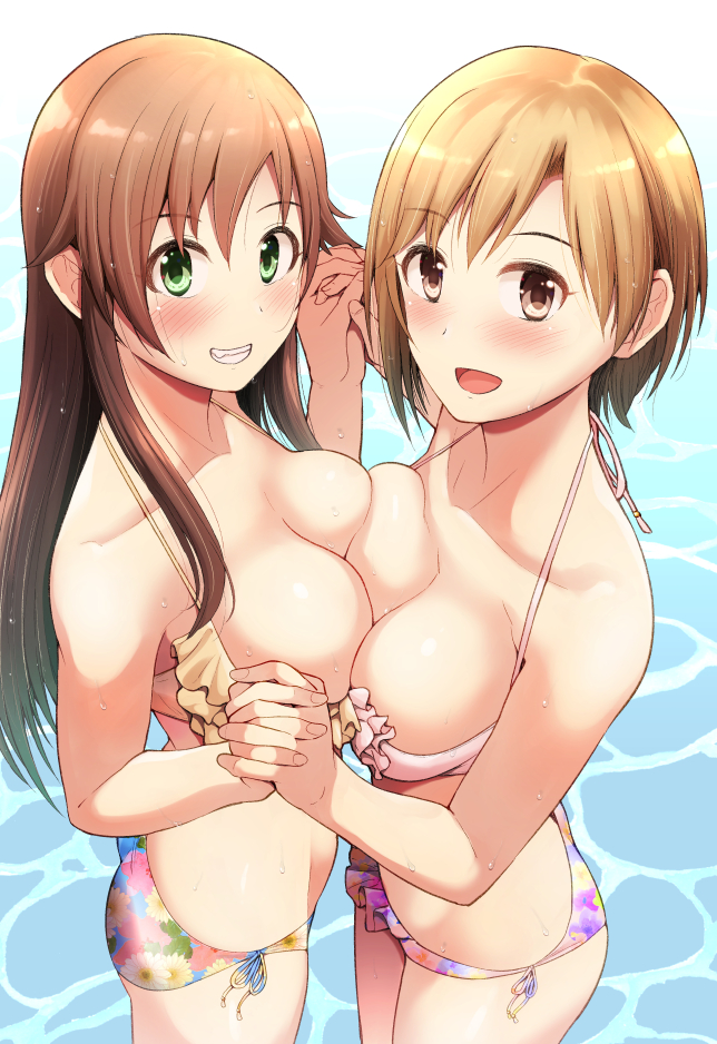 aiba_yumi asymmetrical_docking bikini breast_press brown_eyes brown_hair collarbone commentary_request from_above green_eyes himekawa_yuki holding_hands idolmaster idolmaster_cinderella_girls interlocked_fingers long_hair looking_at_viewer looking_to_the_side pink_bikini short_hair side-tie_bikini_bottom swimsuit takemasa yellow_bikini