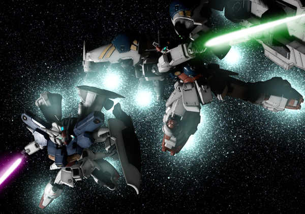 1990s_(style) blue_eyes energy_sword gundam gundam_0083 gundam_gp-01_full_vernian_zephyranthes gundam_gp-02_physalis mecha retro_artstyle robographer robot shield space sword weapon