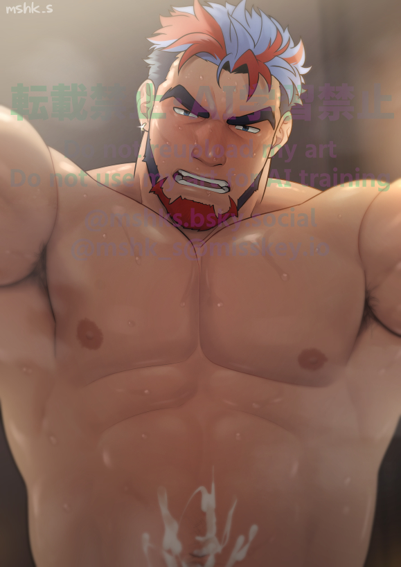 1boy arm_support armpit_hair armpit_hair_peek artist_name bara beard black_hair blue_hair blurry blurry_background blush chinstrap_beard crave_saga cum cum_on_body cum_on_stomach earrings facial_hair grin jewelry large_pectorals looking_at_viewer male_focus masa_(mshk_s) mature_male multicolored_hair muscular muscular_male nipples pectorals red_hair short_hair single_earring smile solo steaming_body sweat taker_pov tesoro_(crave_saga) thick_eyebrows topless_male two-tone_beard watermark