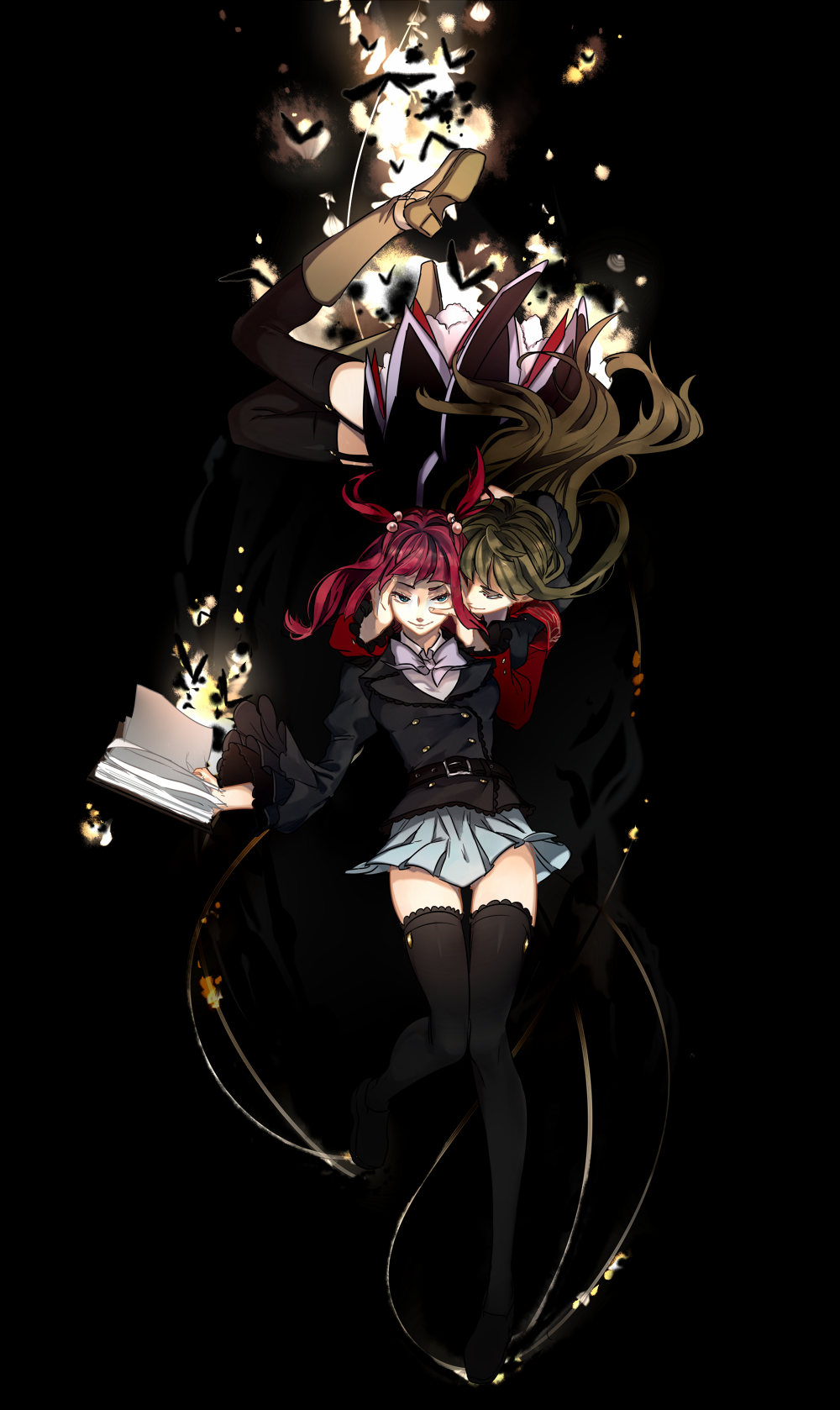 2girls armband black_legwear blue_eyes book boots bow brown_hair garter_straps hair_bobbles hair_ornament hands_on_another&#039;s_face highres mammon_(umineko) multiple_girls open_book pleated_skirt red_eyes red_hair skirt smile sofy stakes_of_purgatory thighhighs two_side_up umineko_no_naku_koro_ni ushiromiya_ange
