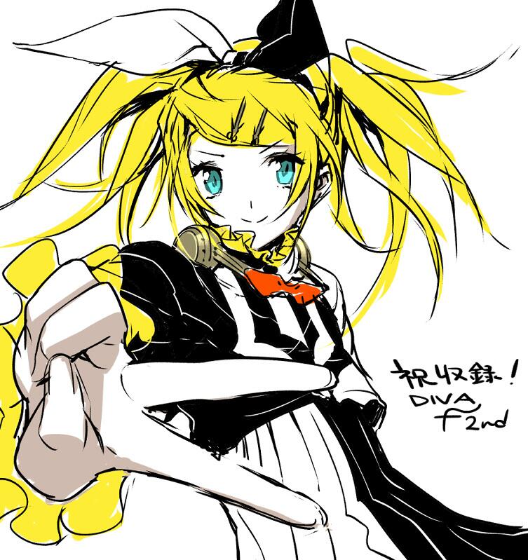 1girl aqua_eyes blonde_hair cropped_jacket dress foreshortening gold_trim hair_ornament hairclip jacket kagamine_rin kagamine_rin_(reactor) medium_hair multicolored_jacket nagimiso peace pleated_dress project_diva_(series) roshin_yuukai_(vocaloid) simple_background solo swept_bangs two-tone_bow two-tone_dress two-tone_jacket vocaloid white_background